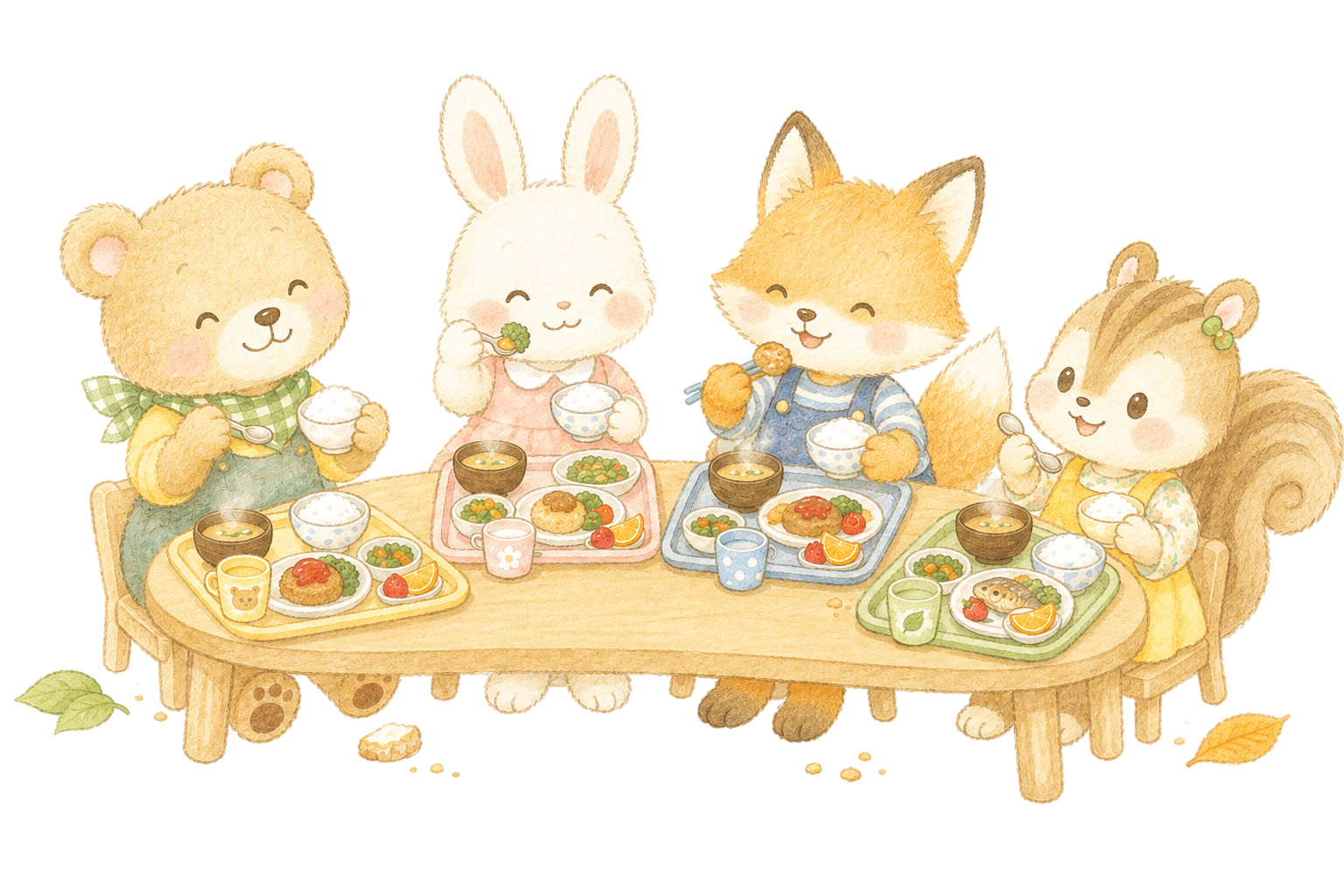 動物たちが給食を楽しく食べているイラスト