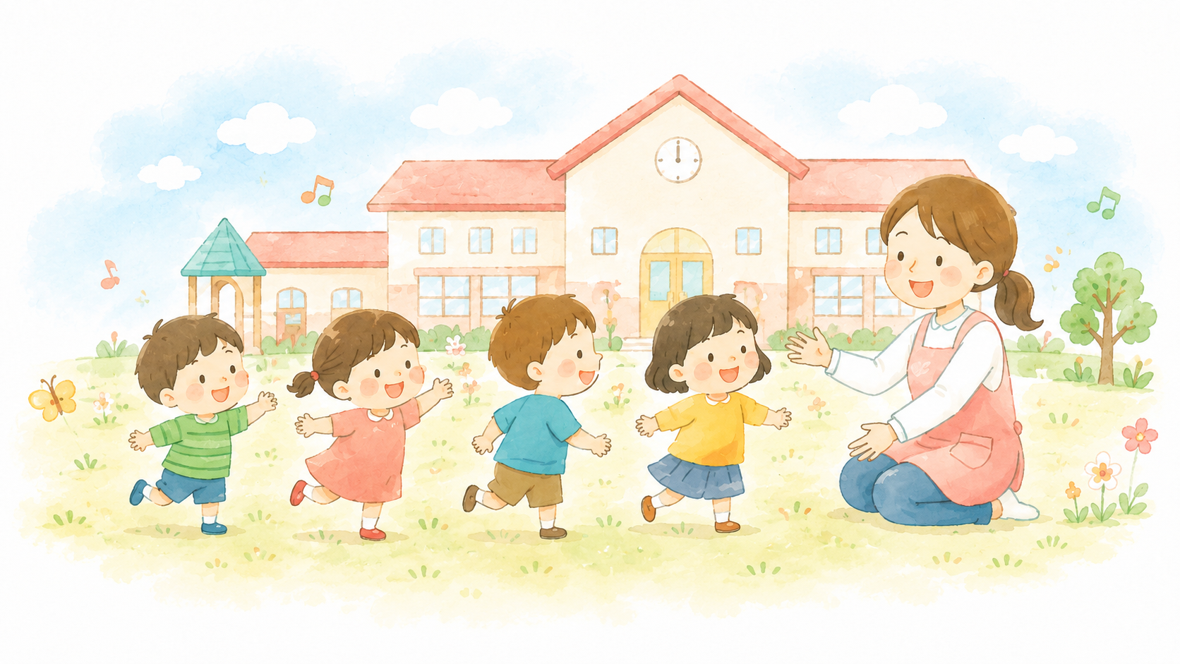 園庭で遊ぶ子どもたちと先生