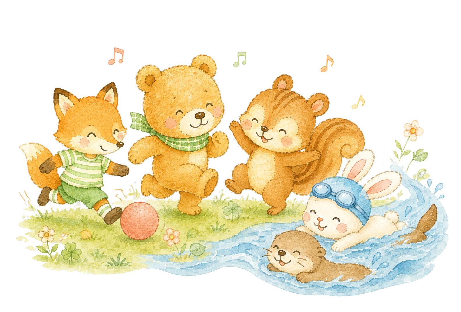 キツネはサッカー、くまとリスはキッズダンス、うさぎとカワウソはスイミングを楽しむイラスト