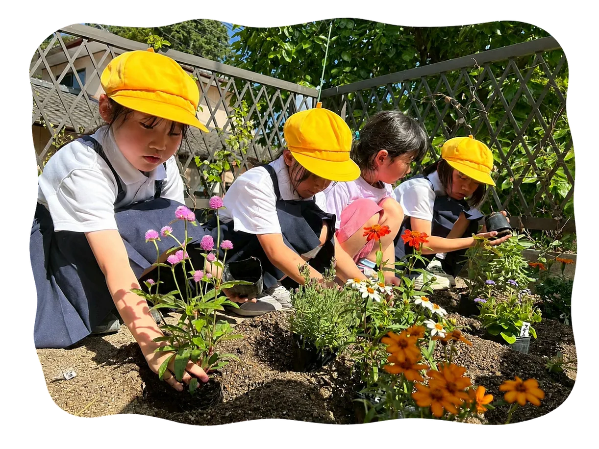 花壇で花を植える放課後児童クラブの子どもたち